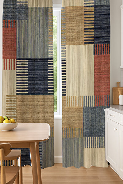 3D ELSE HALI Vintage Geometrik Desenli Çift Kanatlı Fon Perde Süet Oturma Oda...