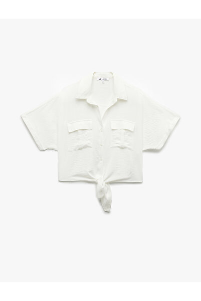 Koton Short Sleeve Classic Collar Tie Detail Pocket Crop Oversize Blouse