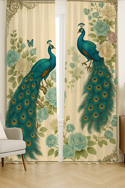 Else Dekor Vintage Peacock Patterned Double Winged Backdrop Curtain Suede Living Room Hall Kitchen 140X260Cm