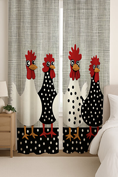 Else Dekor Κουρτίνα με μοτίβο κοτόπουλου και κόκορα με διπλά φτερά, σουέτ, για σαλόνι, σαλόνι κουζίνας 140x260cm