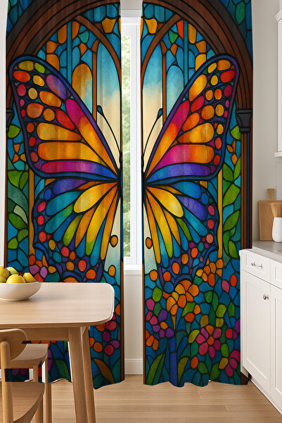 Else Dekor Colorful Butterfly Stained Glass Patterned Double Winged Background Curtain Suede Living Room Hall Kitchen 140X260Cm