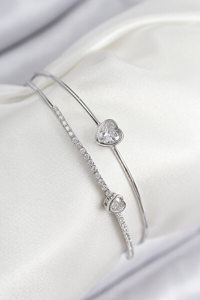 Clariss Brass Zircon Stone Heart Model Silver Color Women's Bracelet
