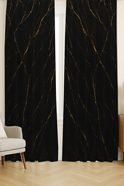Else Dekor Yellow Black Marble Patterned Double Winged Backdrop Curtain Suede Living Room Hall Kitchen 140X260Cm