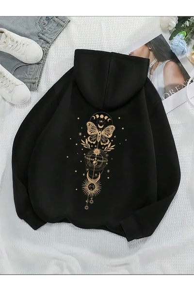 Deocept Oversize Unisex Hooded Sweatshirt with Butterfly and Moon Back Print