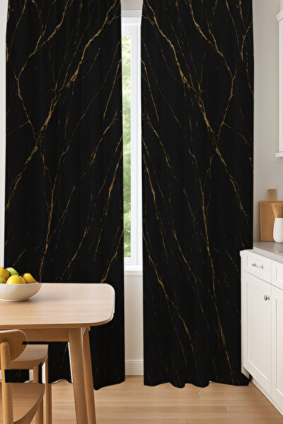 Else Dekor Yellow Black Marble Patterned Double Winged Backdrop Curtain Suede Living Room Hall Kitchen 140X260Cm