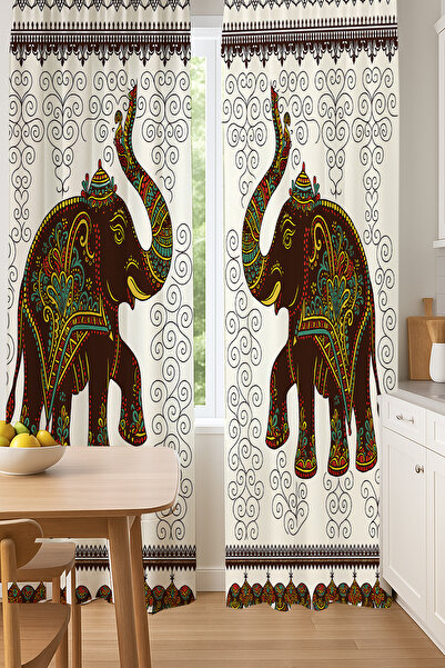 Else Dekor Indian Filler Patterned Double Winged Backdrop Curtain Suede Living Room Hall Kitchen 140X260Cm