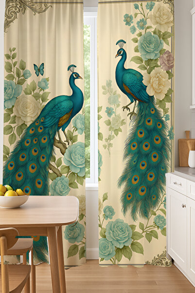 Else Dekor Vintage Peacock Patterned Double Winged Backdrop Curtain Suede Living Room Hall Kitchen 140X260Cm