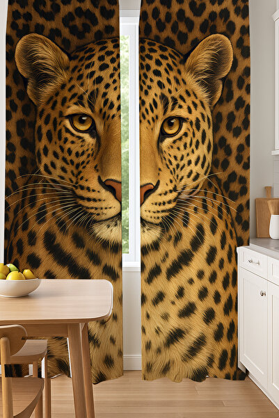3D ELSE HALI Leopar Desenli Çift Kanatlı Fon Perde Süet Oturma Odası Salon Mu...