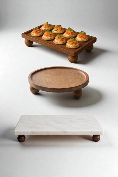PUDRAM Set of 3 Marble & Wood Presentation Trays – Rectangular 15X30, Rectangular 17X33, Round