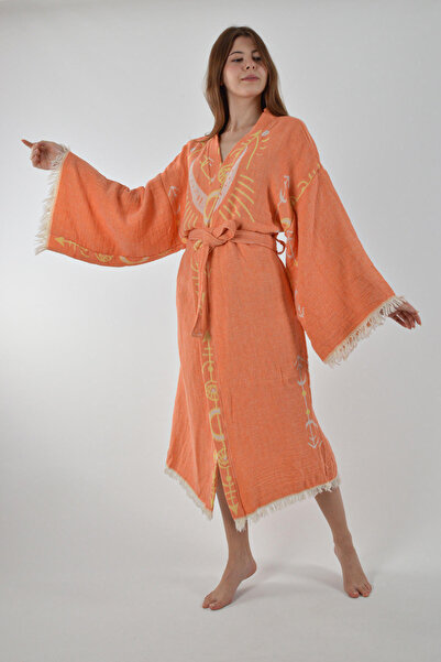 CASPARA Orange Ethnic Patterned Jacquard Cotton Peshtemal Bathrobe Beach Ethnic Pattern Kimono Kaftan