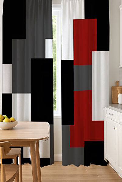 3D ELSE HALI Kırmızı Siyah Gri Blok Geometrik Desenli Çift Kanatlı Fon Perde ...