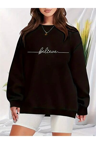 Deocept BELİEVE BASKILI OVERSİZE UNISEX BİSİKLET YAKA SWEATSHİRT
