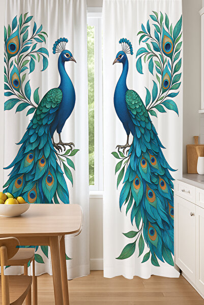 Else Dekor Blue Peacock Patterned Double Winged Backdrop Curtain Suede Living Room Hall Kitchen 140X260Cm
