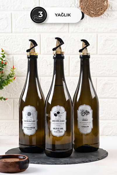 Homekolik 3’lü Cam Yağlık Seti – Gold Kapak, Damlatmaz Başlık – Zeytinyağı & ...