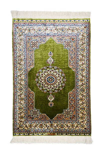Handmade Saf İpekten El Dokuma Yeşil Renk Göbekli Model Hereke Halısı 76x110 ...