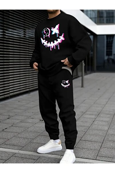 Deocept طقم بدلة رياضية مطبوعة بوجه مبتسم للجنسين للنساء/الرجال برقبة دائرية ...