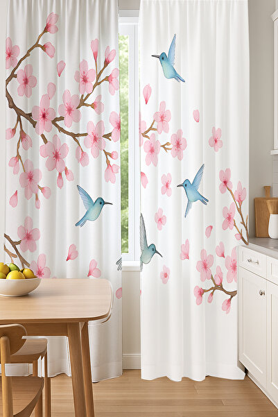 Else Dekor Spring Themed Pink Flower Birds Patterned Double Winged Backdrop Curtain Suede Living Room Hall Kitchen
