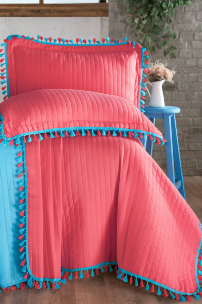 King Cotton PÜSKÜLLÜ Tek Kişilik Yatak Örtüsü Takımı ÇİFT TARAFLI evimhome