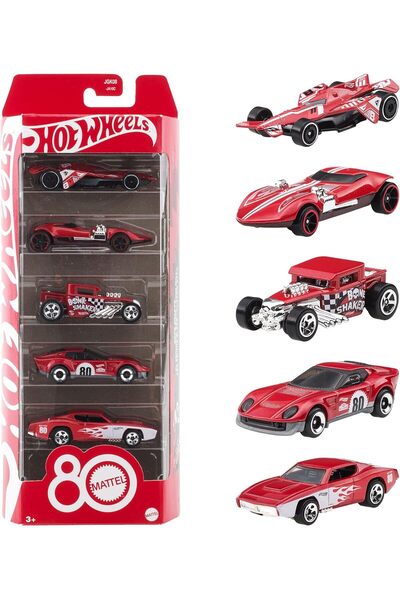 mattel Hot Wheels 80th Anniversary 5-Pack 1:64 Scale Die-Cast Cars – Ruby Red Collectible (3+ yrs)