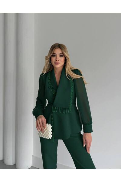 1Moda1Tarz طقم نسائي من القماش المستورد بطيات ومطرز باللؤلؤ وأزرار أكمام مفصلة وبطانة بتصميم خاص من الأعلى إلى الأسفل