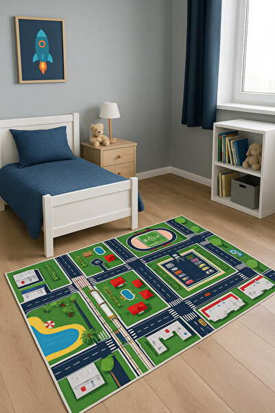 ATLAS BABY&CHILD Çocuk Oyun Halısı | Kaymaz Tabanlı, Renkli Şehir Desenli, Eğitici Oyun ve Aktivite Halısı