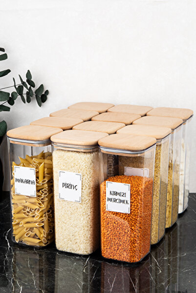 DNS HOME 12-Piece Wooden Vacuum Lid Food Storage Set 1700 ml Grain Storage Container Jar Set with Label Gift