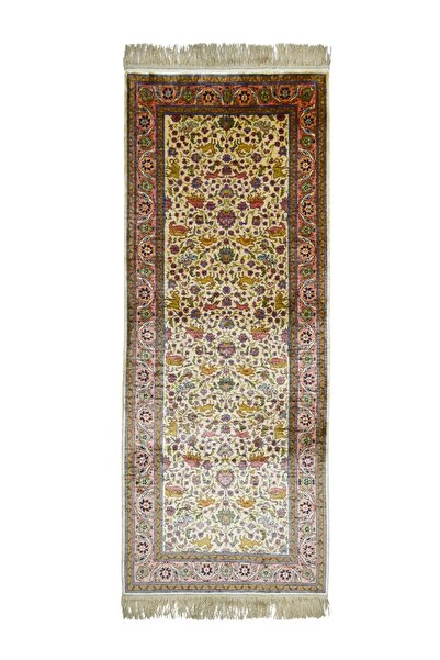 Handmade Saf İpekten El Dokuma Krem & Pembe Renk Kayseri Halısı Yolluk 82x200...