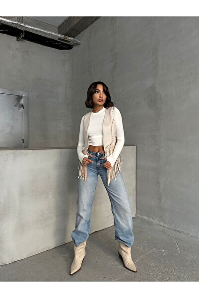 Lady Pixie Pearl Detailed Tasseled Suede Vest