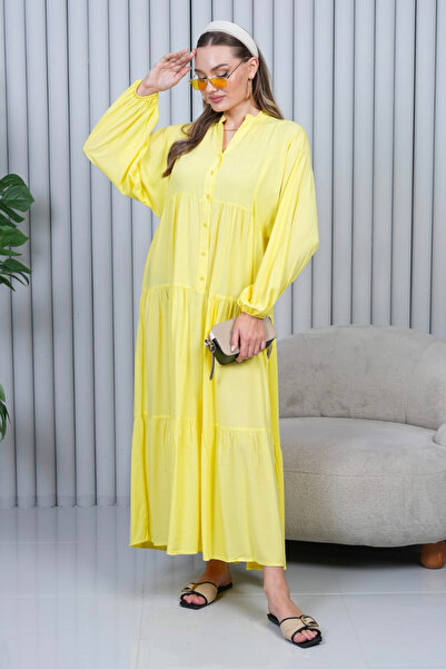 AYASOFYA OTANTIK Women's Yellow Buttoned Placket Collar Oversized Loose Balloon Sleeve Long Dress