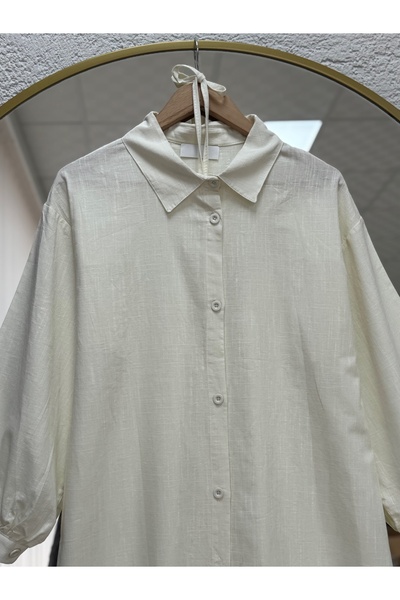 BENAHOLL Karmora Ankle Drawstring Linen Tunic with Slits on the Sides-Ek141.12 Ecru