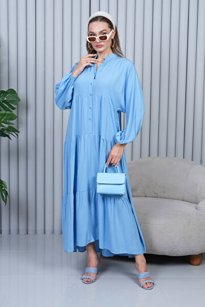 AYASOFYA OTANTIK Γυναικείο μακρύ φόρεμα με μπλε κουμπιά Indigo, φαρδύ λαιμόκοψη, oversize, φαρδύ μανίκι μπαλόνι