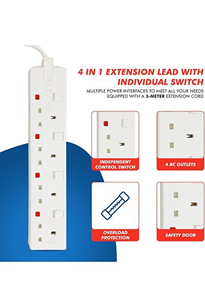 Duravel سلك تمديد شريط الطاقة 4 في 1 مع مفاتيح فردية، 4 منافذ تيار متردد، سلك بطول 3 أمتار، أبيض