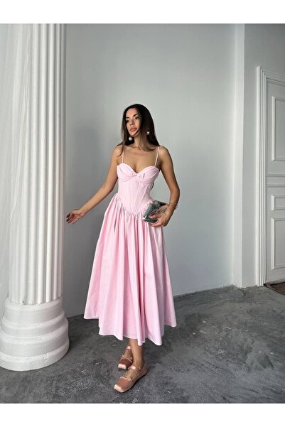 popibutik Kadın Kalp Yaka İnce Askılı Fiyonk Detaylı Korse Formlu Uzun Elbise