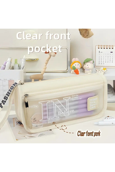CEDAN 1 Pc Beige Korean Style Cute Organizer Bag - with Clear Front Pocket & Multi Compartments