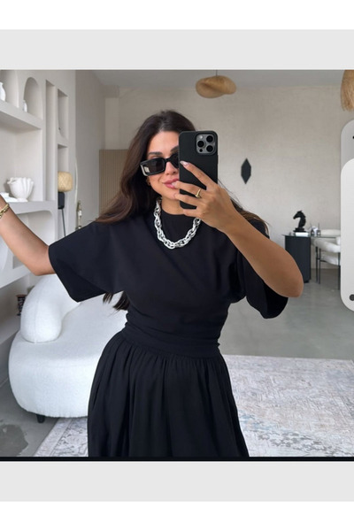 MODA تي شيرت نسائي قصير بأكمام على شكل خفاش وخصر ملفوف وصدر مكشوف