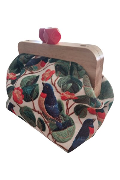 handedizayn Ahşap Burslu Kuşlar Zincir Askılı Kadın El Omuz Çantası Clutch
