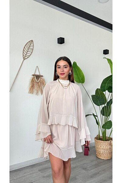 modadagiyim Flounce Sleeve, Shirred Neckline Detail, Ruffled Long Sleeve, Dominant Neckline, Above Knee Length, Chiffon, Very Stylish Dress