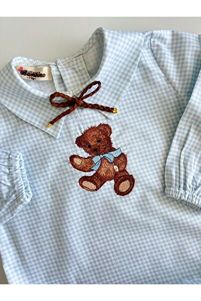 il mio bambino Il Mio Bambino Handmade 100% Cotton Baby Boy Cute Teddy Bear Embroidered Shirt - Long Sleeve - Plaid