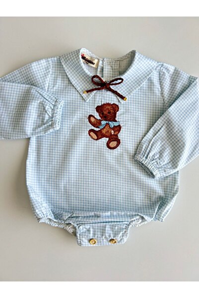 il mio bambino Il Mio Bambino Handmade 100% Cotton Baby Boy Cute Teddy Bear Embroidered Shirt - Long Sleeve - Plaid