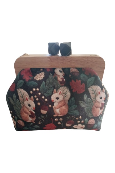 handedizayn Ahşap Burslu Sincap Desenli Zincir Askılı Kadın El Omuz Çantası C...