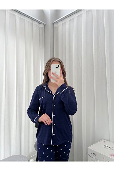 Lena Homewears Ekru Yıldız Desenli Lacivert Milan Pijama Takımı