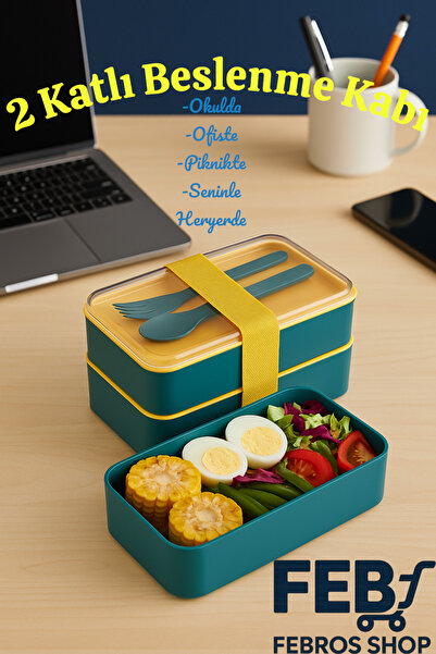 2 Tier Rectangular School Office Picnic Feeding Container Fork Spoon Serving Food Storage Box Navy Blue