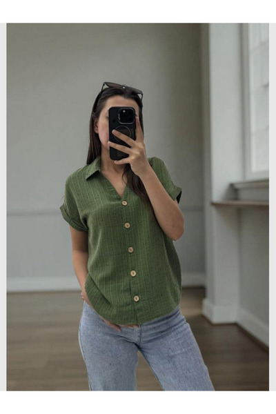 MODA Kadın Dokulu Keten Kısa Kol V yaka Yakalı Slim Fit Gömlek