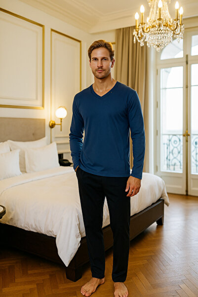 KLY 100% Cotton Indigo V-Neck Men's Pajama Set – Special for Grooms, Sporty and Stylish Design
