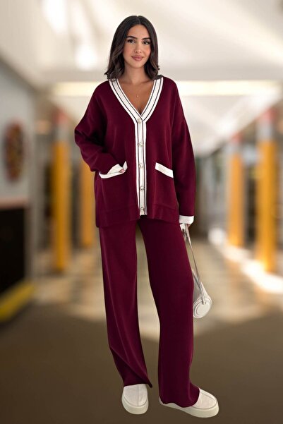 WOMAN VISION Női kötöttáru kétrészes szett - 2 zsebes, elöl fém gombos kardigán és bő szárú nadrág szett LAP-002