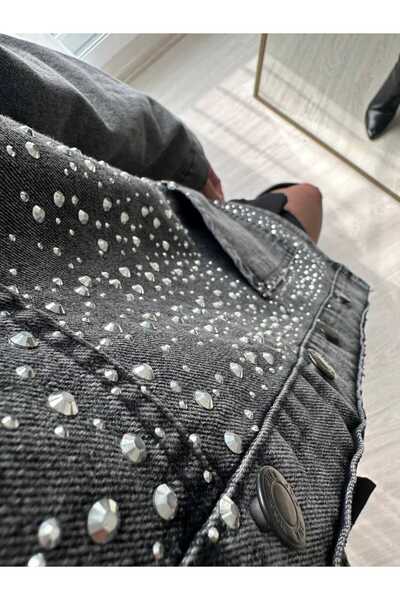 Zübeyde Sayın Jachetă lungă din denim afumat cu strasuri