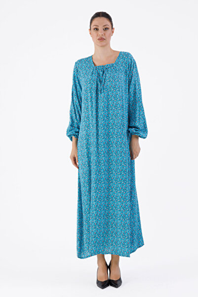 Mihvera Mavi Çiçek Desenli Önü Lastikli Viskon Anne Elbisesi