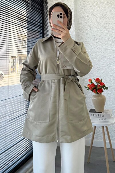 MELEK ARAZ Önü Fermuarlı Gabardin Trençkot - Taş