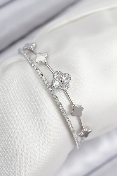 FREEDOM STOREE Brass Zircon Stone Clover Model Silver Color Women's Bracelet