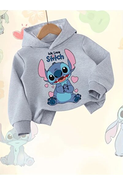 oneagılyazı Kışlık Kapüşonlu Sweatshirt, Çocuk We Love Stitch Baskılı